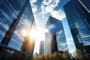 Office buildings part of the real estate market. Sunlight through tall skyscrapers. State of the financial system.