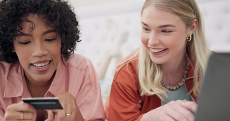 Credit card, friends and women with laptop on a bed for ecommerce, sale or sign up membership at home. Online shopping, payment and lady in bedroom for deal or cashback on customer experience survey