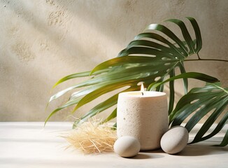 A serene spa treatment arrangement embracing the essence of nature. Organic spa cosmetic products,...