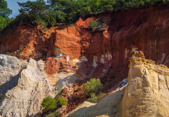 Abstract Rustrel canyon ocher cliffs landscape. Provencal Colorado near Roussillon, Southern France.