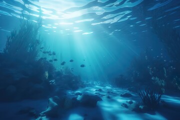 Underwater sea in blue sunlight. Based on Generative AI