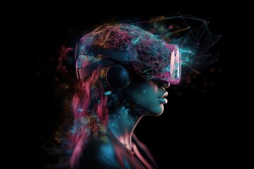 Exploring the Metaverse: VR Headset in a Futuristic Virtual World with Double Exposure. Generative AI