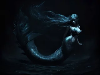 Foto op Plexiglas A background of blue ocean waters has a gorgeous mermaid with flowing hair and a beautiful tail  © Projeto