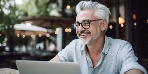 Obraz premium Senior Man Enjoys Home Office in Café Barista Setting. Middle-Aged, White-Haired Gentleman Cheers with a Laptop, Radiating Summer Vibes and Genuine Contentment