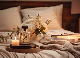 Fototapeta na wymiar A glass bottle of home perfume stands adorned with wooden sticks, emanating a soothing fragrance. Scented candles emit their gentle glow, while an open paper book rests nearby.