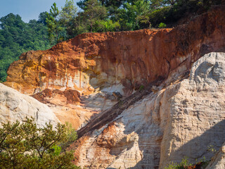 Abstract Rustrel canyon ocher cliffs landscape. Provencal Colorado near Roussillon, Southern France.