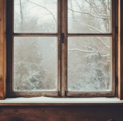 A residential window framed by a serene landscape of snow-covered surroundings and towering trees....