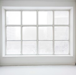 Fototapeta na wymiar A residential window framed by a serene landscape of snow-covered surroundings and towering trees. The windowpane captures the tranquility of a winter scene, where the pristine white snow blankets