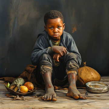 African hungry boy sits on the ground and eats. 