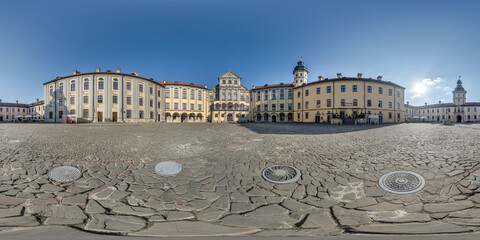 seamless spherical hdri 360 panorama overlooking restoration of the historic castle or palace with columns and gate  in equirectangular projection - obrazy, fototapety, plakaty
