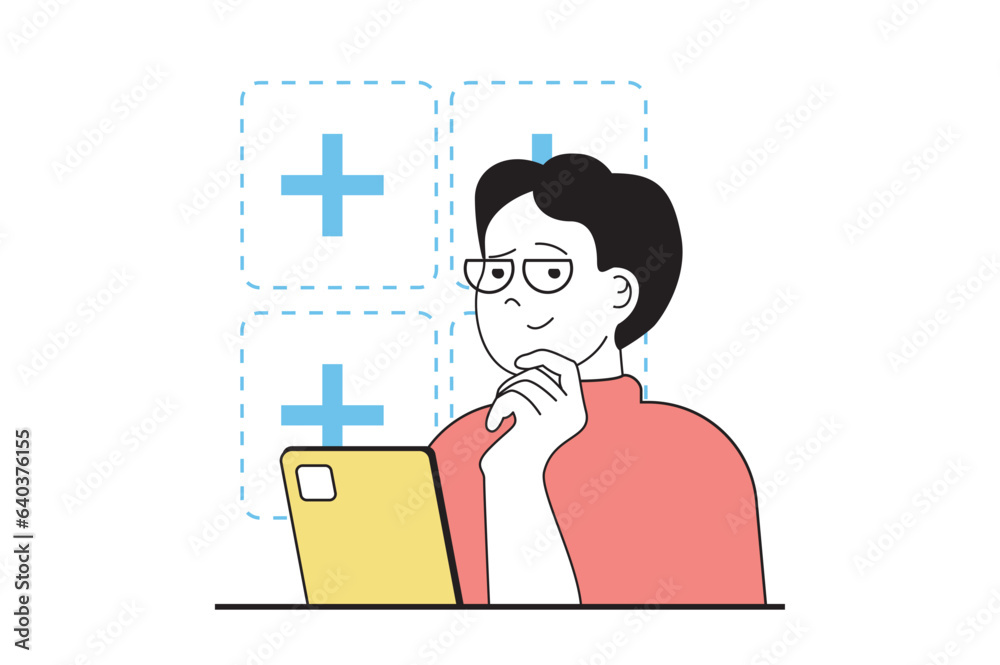 Aufkleber App development concept with people scene in flat web design. Man creating interface layout, designing gui mockup on mobile screen. Vector illustration for social media banner, marketing material.