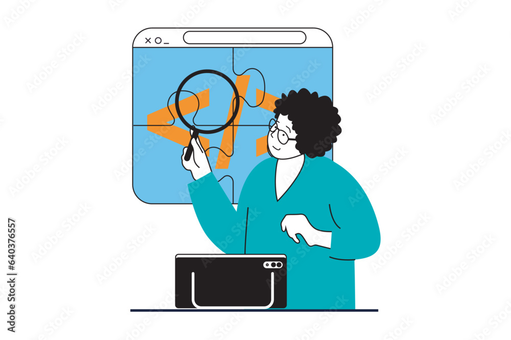 Leinwandbilder app development concept with people scene in flat web design. woman programming software, searching 