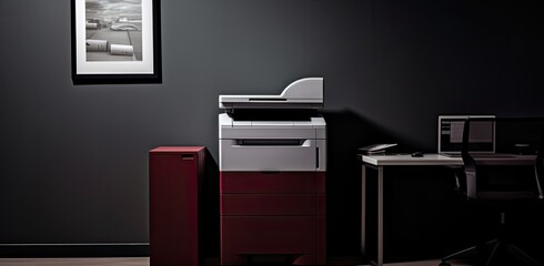 An office workspace features a versatile printer, copier, scanner, embodying a multi-functional photocopier machine. This essential equipment is adept at scanning documents. - obrazy, fototapety, plakaty