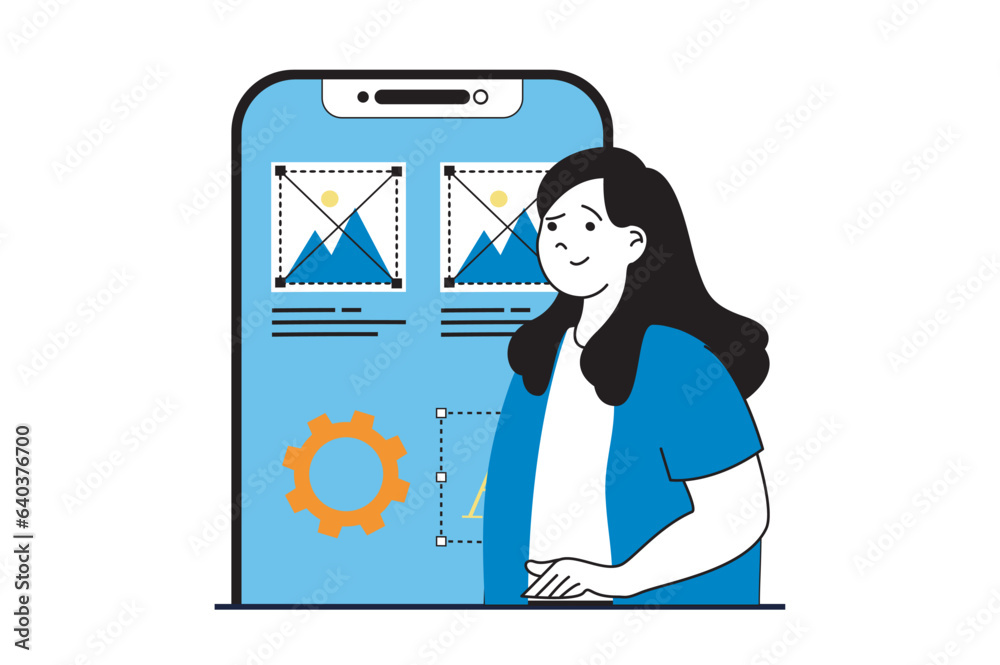 Poster App development concept with people scene in flat web design. Woman designing wireframe gui prototype, placing elements and content. Vector illustration for social media banner, marketing material.