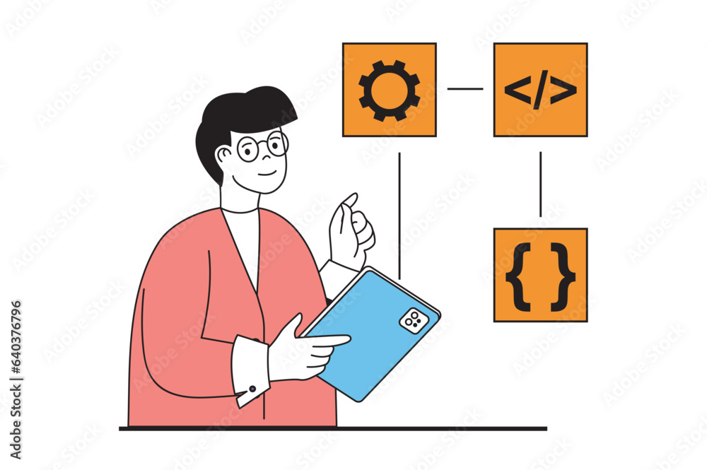 Aufkleber App development concept with people scene in flat web design. Man creating work process algorithm with programming and optimization. Vector illustration for social media banner, marketing material.
