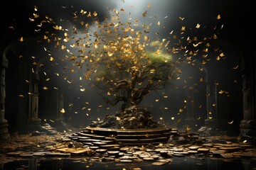 Golden rain of money in submerged city; coin tree, statue of mercury., generative IA - obrazy, fototapety, plakaty