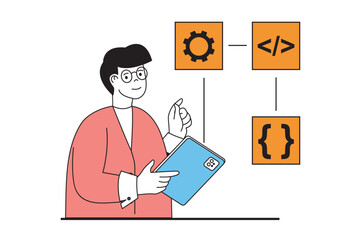 App development concept with people scene in flat web design. Man creating work process algorithm with programming and optimization. Vector illustration for social media banner, marketing material.