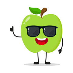 Cute happy green apple character wear sunglasses. Funny fruit greet friend cartoon emoticon in flat style. apple emoji vector illustration