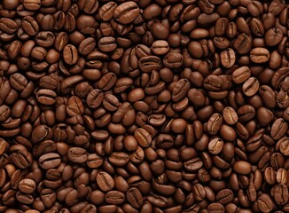 Obraz premium From an overhead perspective, a captivating backdrop unfolds, portraying two halves of rich, dark brown coffee beans. The arrangement exudes a delightful aroma, SEAMLESS PATTERN. SEAMLESS WALLPAPER.