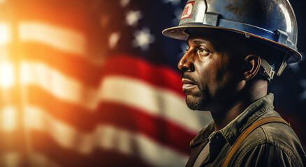 Fototapeta na wymiar construction worker against the background of the american flag