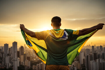 Fototapeta na wymiar Man Celebrating Brazil Independence Day Next in Country Flag, Cinematic Sunset City Background