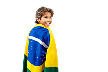 Man Celebrates the Brazil Independence wrapped in the brazil flag isolated