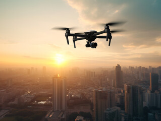 A drone flying above a modern city skyline at sunset.