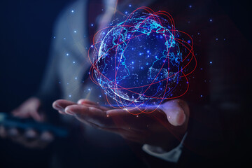 Businessman presenting futuristic business world metaverse graphic. In the form of innovation in digital business processing technology, innovation of the 21st century