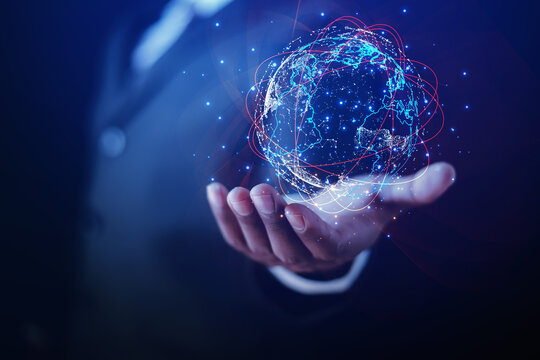 Businessman presenting futuristic business world metaverse graphic. In the form of innovation in digital business processing technology, innovation of the 21st century	
