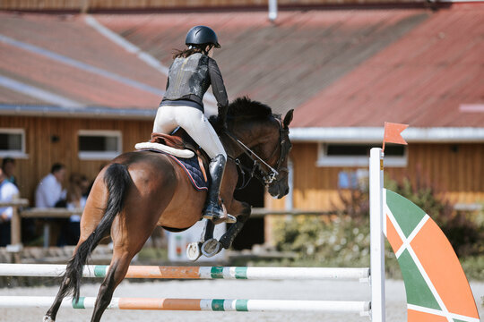 Photo of a horse and rider clearing a jump with agility and grace