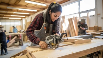 diversity and inclusivity photography woman learning woodworking - obrazy, fototapety, plakaty