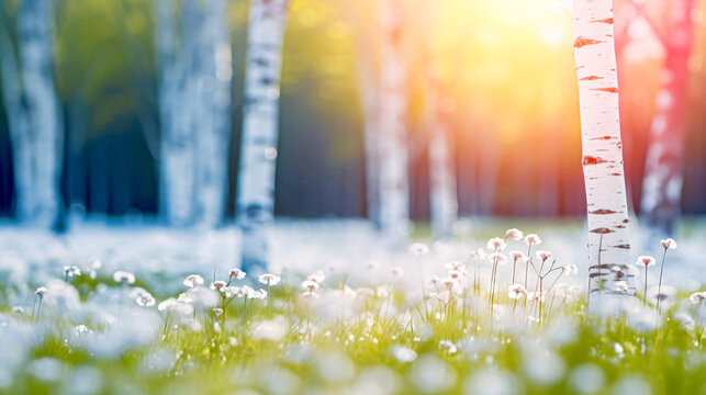 field with brich trunks against bokeh background