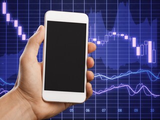 Human hand holding mobile phone on the chart background.