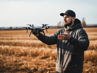 A person controlling a drone using hand gestures in an open field.