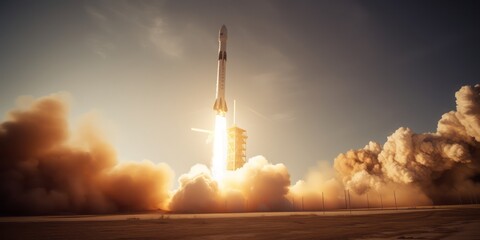  Dramatic Launch of a Space Rocket from a Spaceport. A Mouse's View of an Intrepid Journey to Mars, Sparking Imagination in Space Travel and Exploration