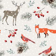 Christmas seamless pattern, deer, fox animals, cardinal birds, pine twigs, cones, red berries, snow, beige background. Vector illustration. Nature design. Season greeting. Winter Xmas holidays