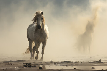 White horse standing on fire background