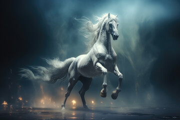 Obraz na płótnie Canvas White horse in the fire and mist