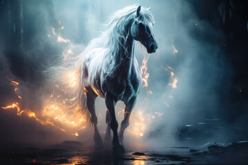 White horse in the fire and mist