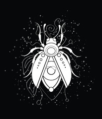 Mystical Cosmic Flying Beetle with Eye on the Abdomen, Deco Element on Black. Aesthetic Surreal Insect. Futuristic Abstract Concept. Textured Fantasy Background. Vector 3d Illustration