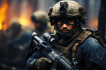 Naklejka premium Soldier in the full military equipment with a rifle on the fire background