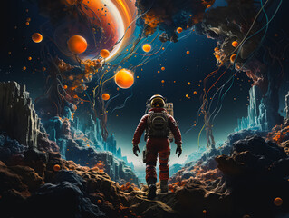 An astronaut of the future on a space mission in another galaxy, a new world. Universe In the background a space station and other galaxies circling around it. Generative AI - obrazy, fototapety, plakaty