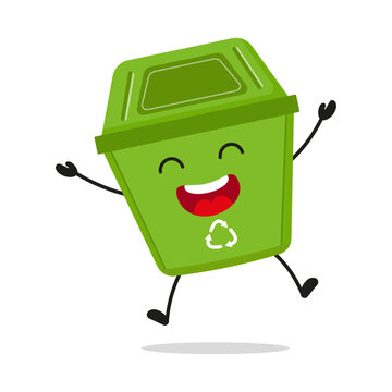 Cute happy trash bin character. Funny victory jump celebration dustbin cartoon emoticon in flat style. wastebin emoji vector illustration