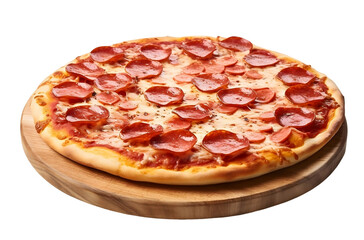 a pepperoni pizza on transparent background with a round pizza crust