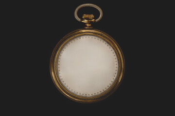 Timeless concept. Antique clock without numbers and hands, isolated on black background....