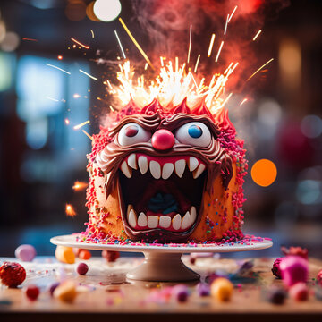 Angry birthday cake face with sparkling candles