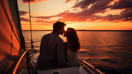 Fototapeta na wymiar Wanderlust: A couple in love travelling on a boat at sunset during golden hour, Generative AI 