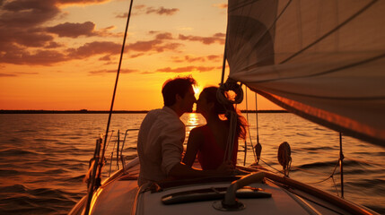 Fototapeta na wymiar Wanderlust: A couple in love travelling on a boat at sunset during golden hour, Generative AI 