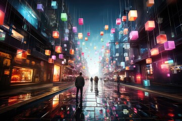Digital metropolis: avatars, emojis and memes interact in vibrant social network., generative IA - obrazy, fototapety, plakaty