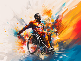 Silhouette of a disabled man in a wheelchair practicing sports. Colored illustration of a person in a wheelchair. Paralympic games paris 2024. Generative AI